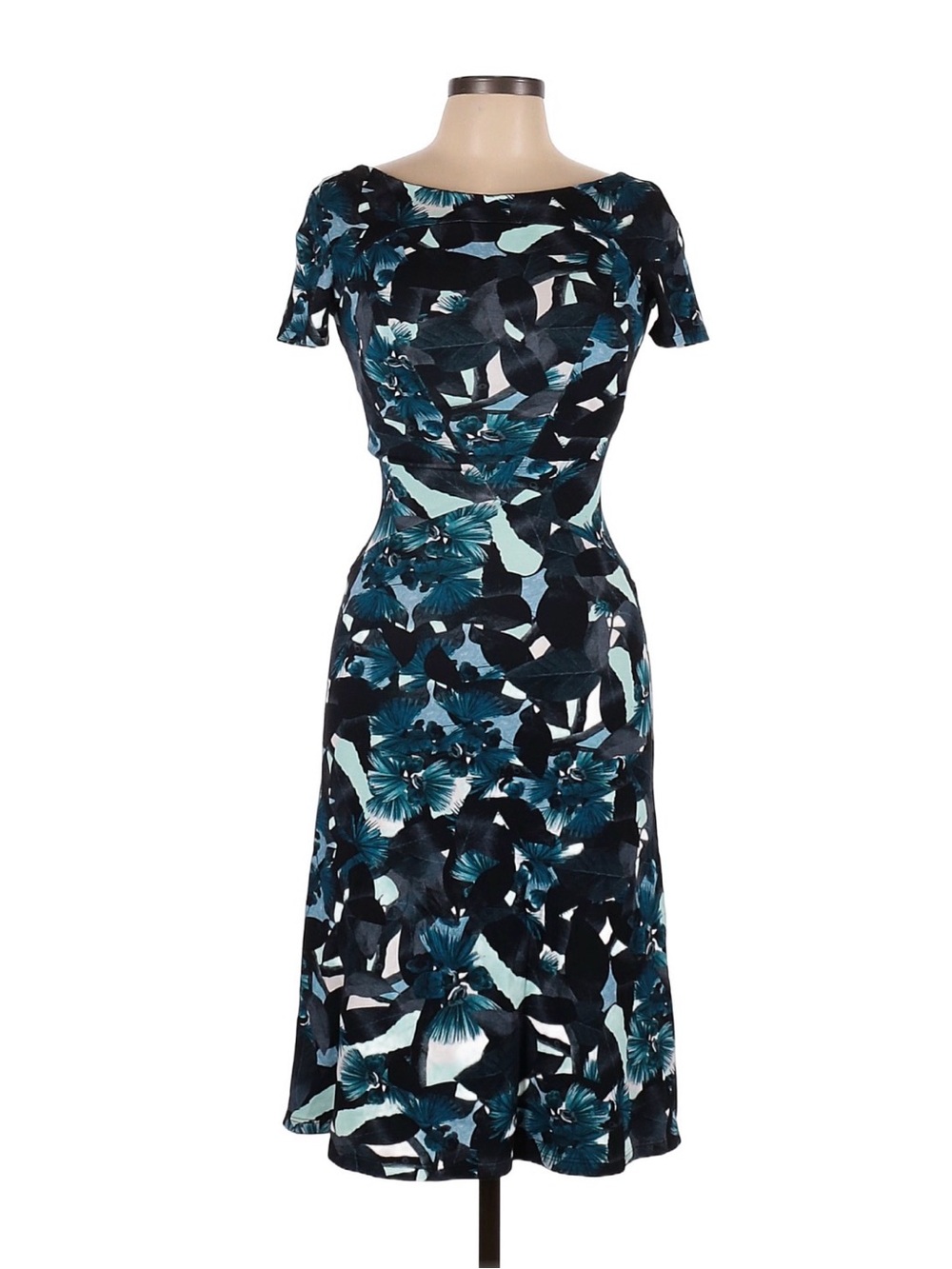 Erdem Blue Floral Patterned Midi Short Sleeve Dress Size XS